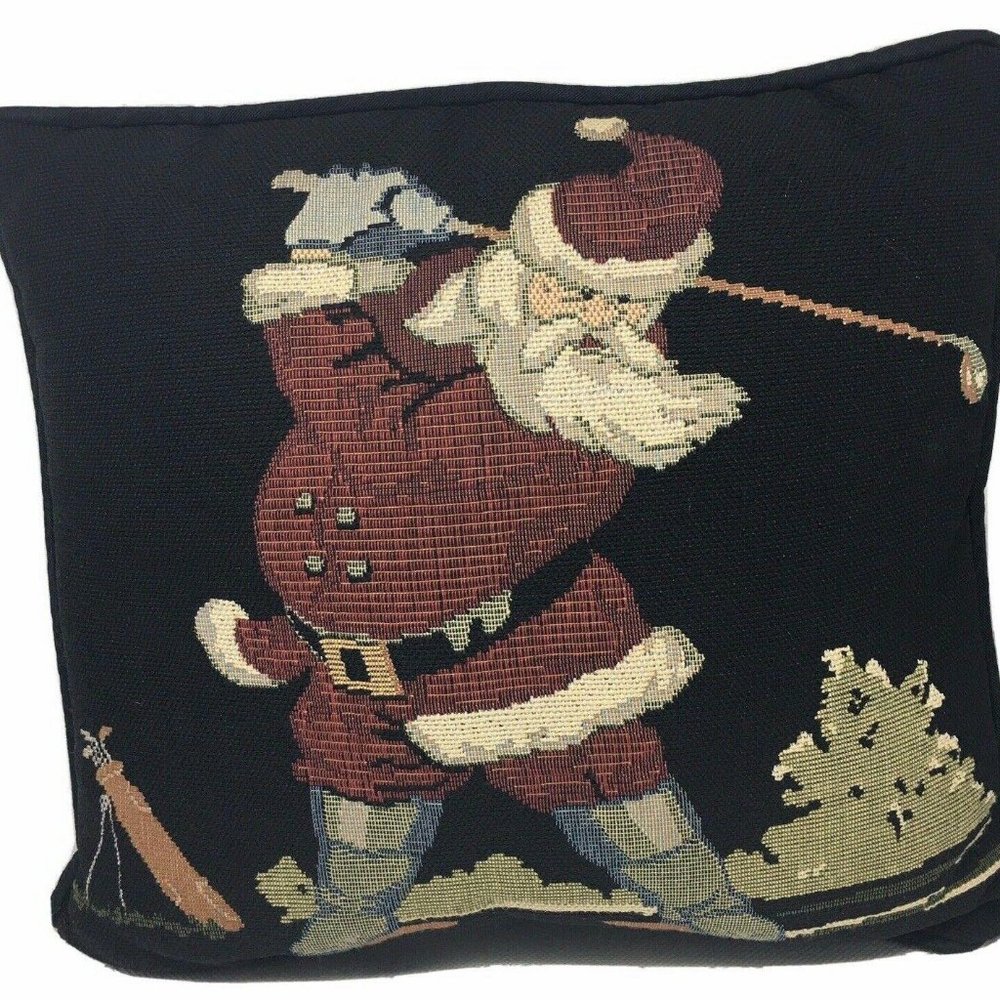 Santa Golf Throw Pillow Black Tapestry Christmas